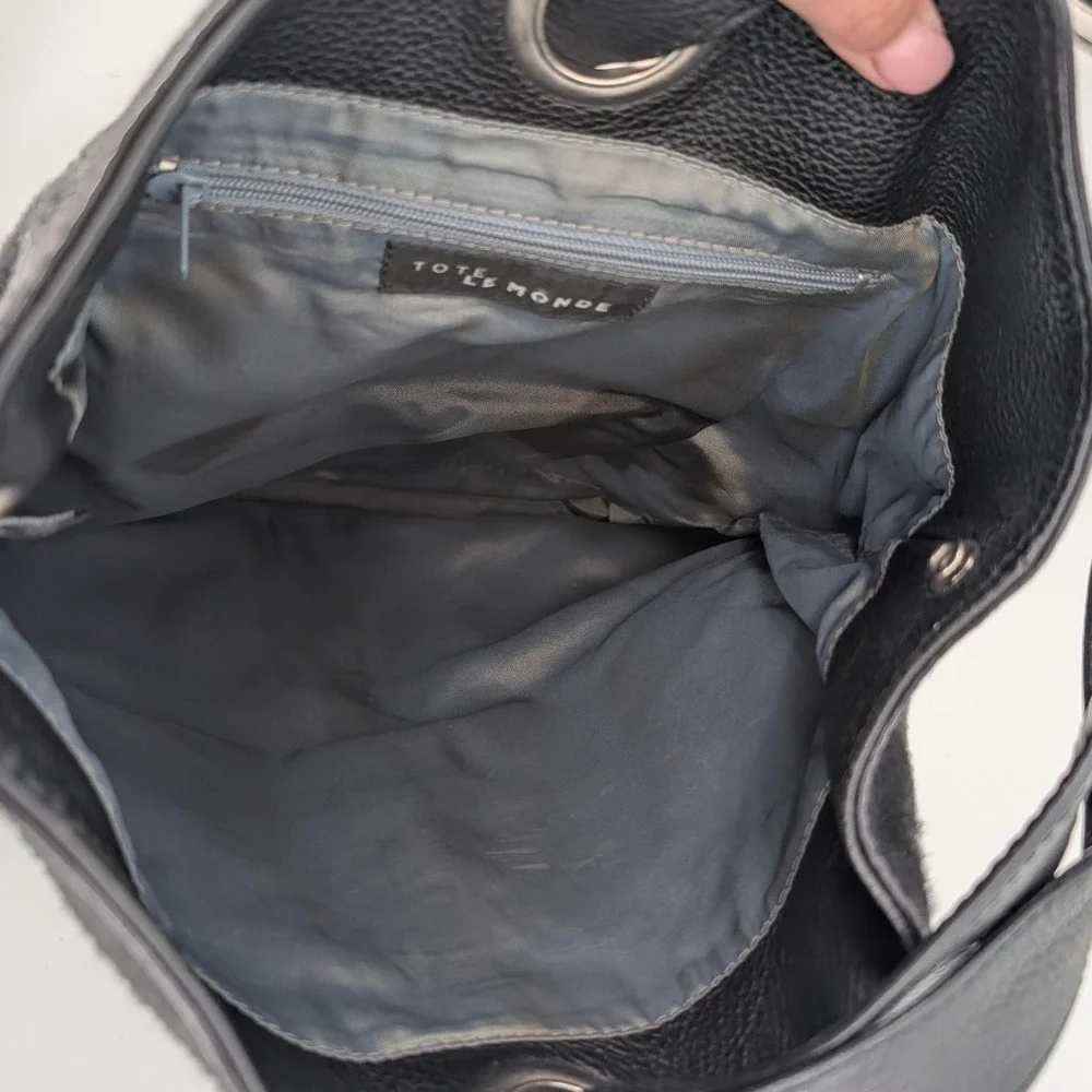 Tote Le Monde Backpack Shoulder Bag Black Leather Calf Hair Lagenlook Boho Chic